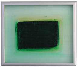 Lucinda Cobley “Cipher 1 (dark green/yellow)“ 5 7/8“ x 6 7/8“ Oil and pigments on two etched glass panels and inscribed mirror with brushed aluminum frame 2021 $1200