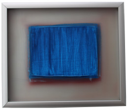 Lucinda Cobley “Cipher 5 (blue)“ 5 7/8“ x 6 7/8“ Oil and pigments on two etched glass panels and inscribed mirror with brushed aluminum frame 2021 $1200