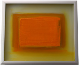 Lucinda Cobley “Cipher 6 (yellow/gold)“ 5 7/8“ x 6 7/8“ Oil and pigments on two etched glass panels and inscribed mirror with brushed aluminum frame 2021 $1200